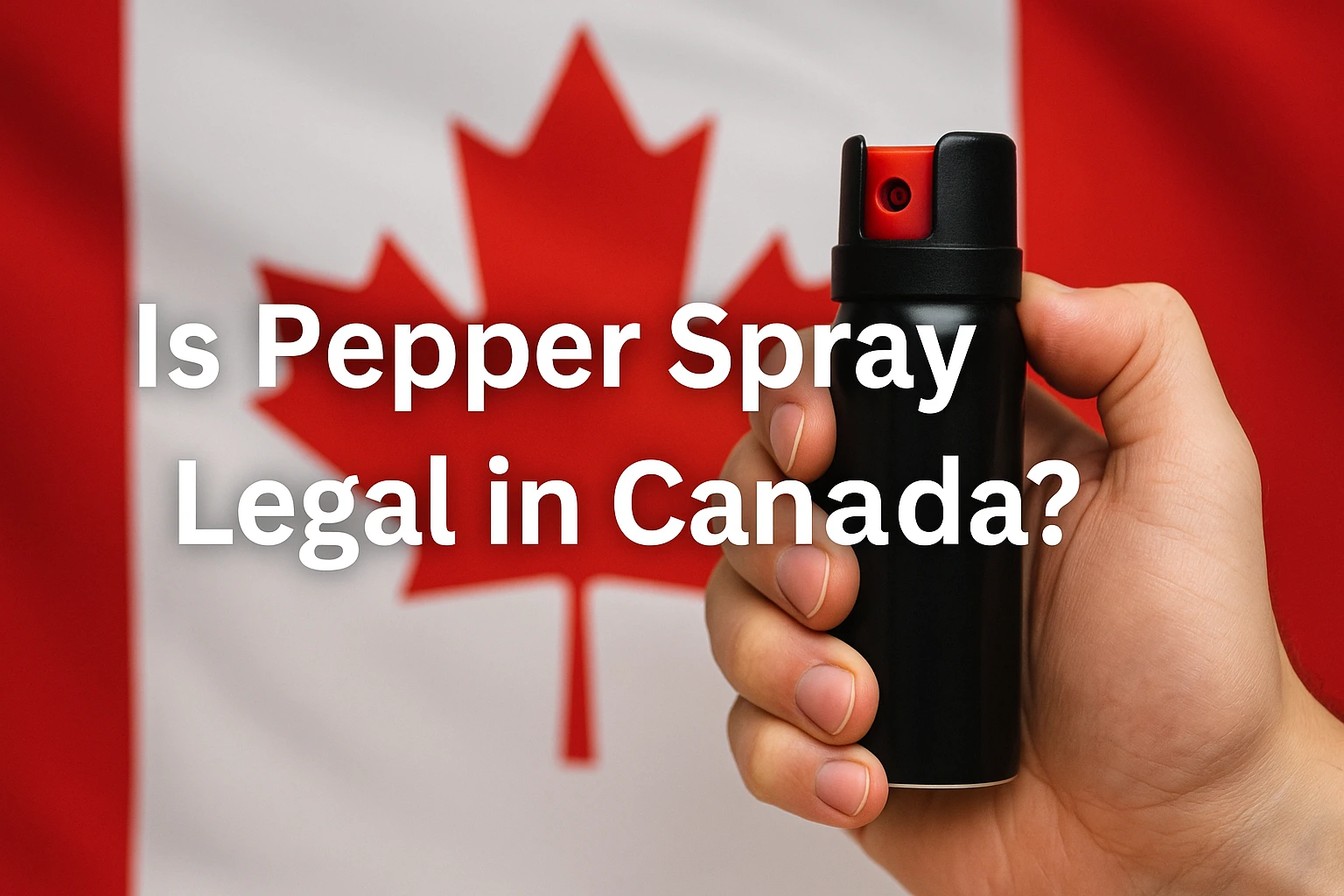 A person holding a black pepper spray canister in front of a Canadian flag, with the text overlay reading “Is Pepper Spray Legal in Canada?”