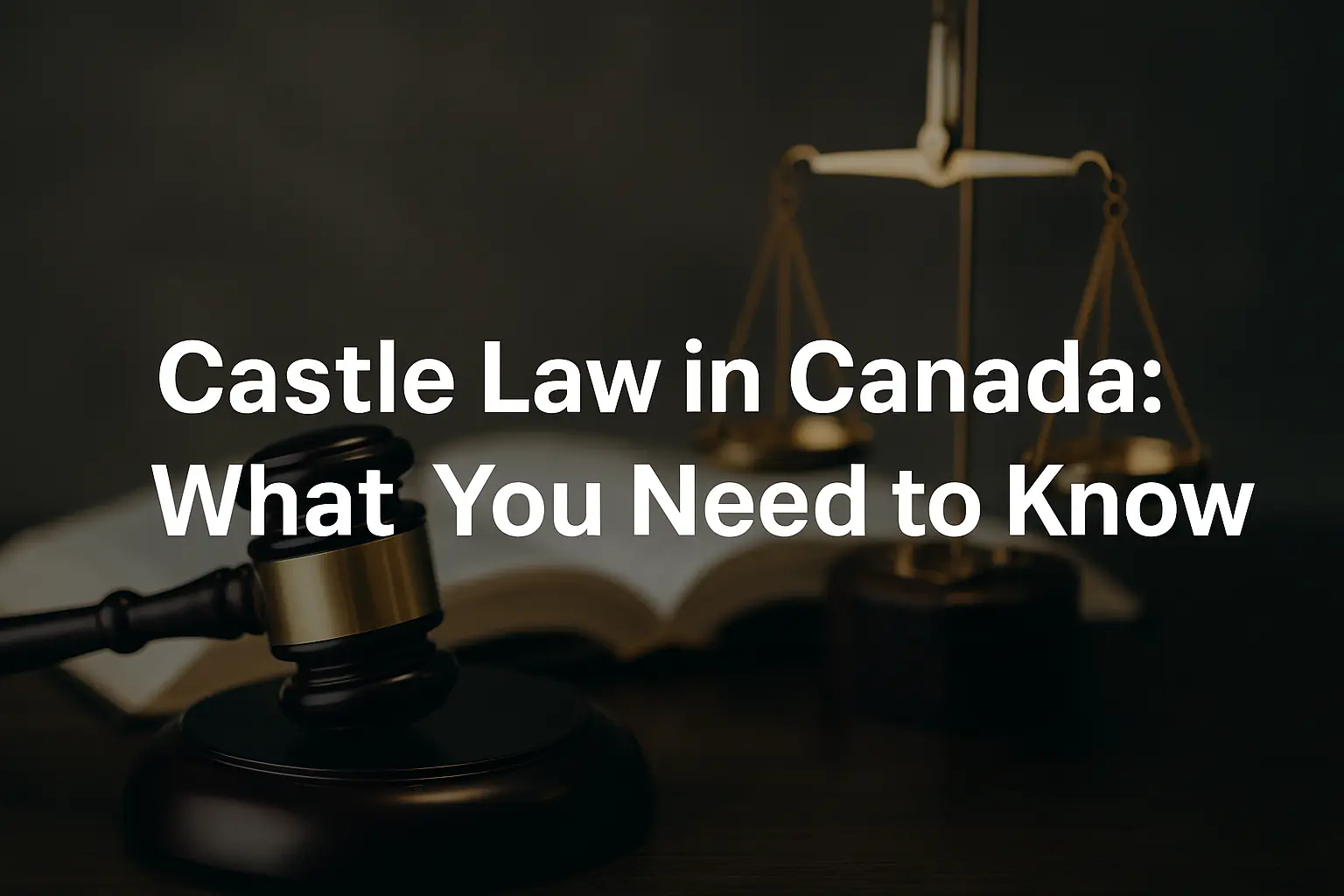 A gavel, open law book, and brass scales of justice on a desk, with overlay text reading “Castle Law in Canada: What You Need to Know.”