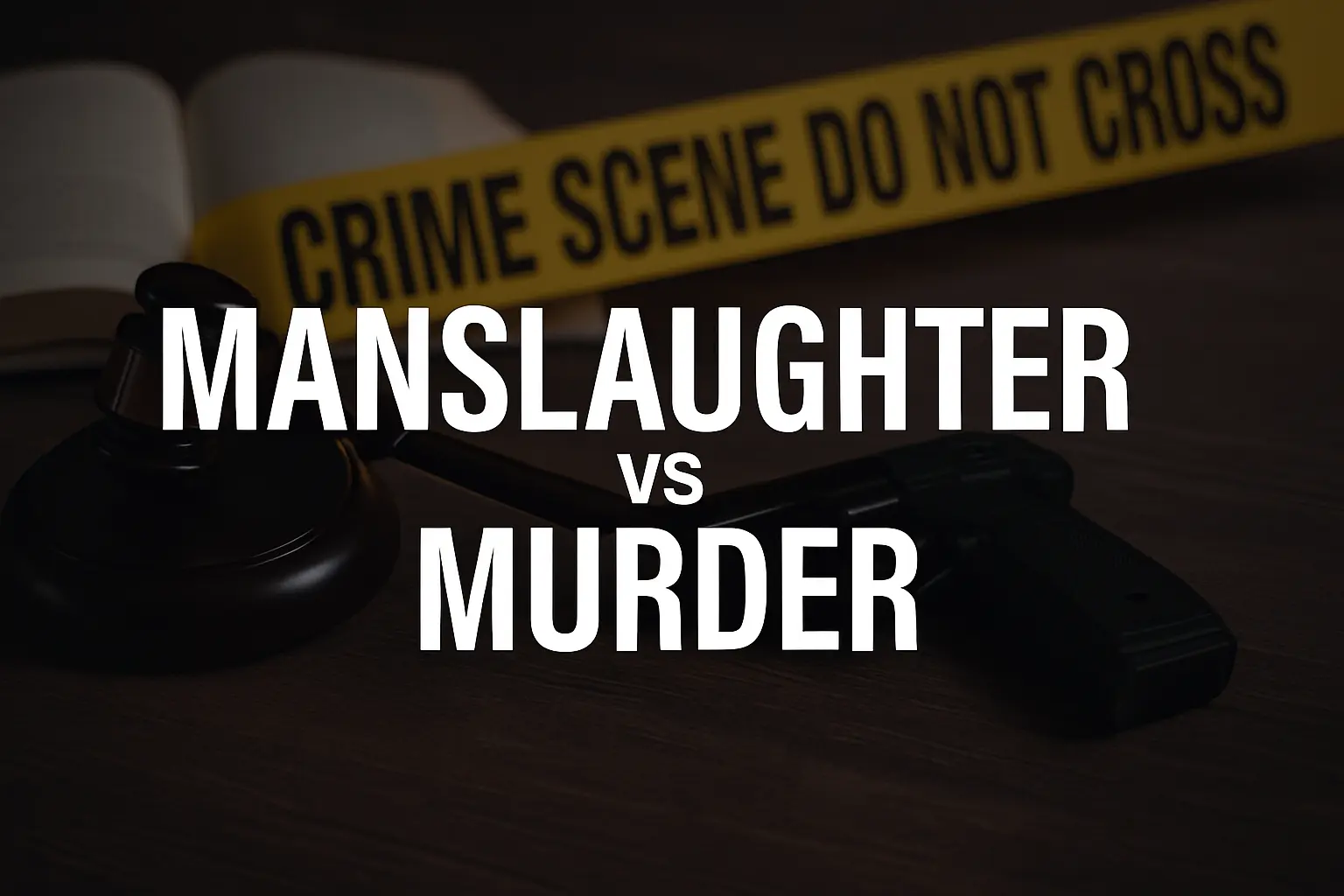 Horizontal featured image with a gavel, handgun, and crime scene tape in the background. Bold white text overlay reads “Manslaughter vs Murder.”