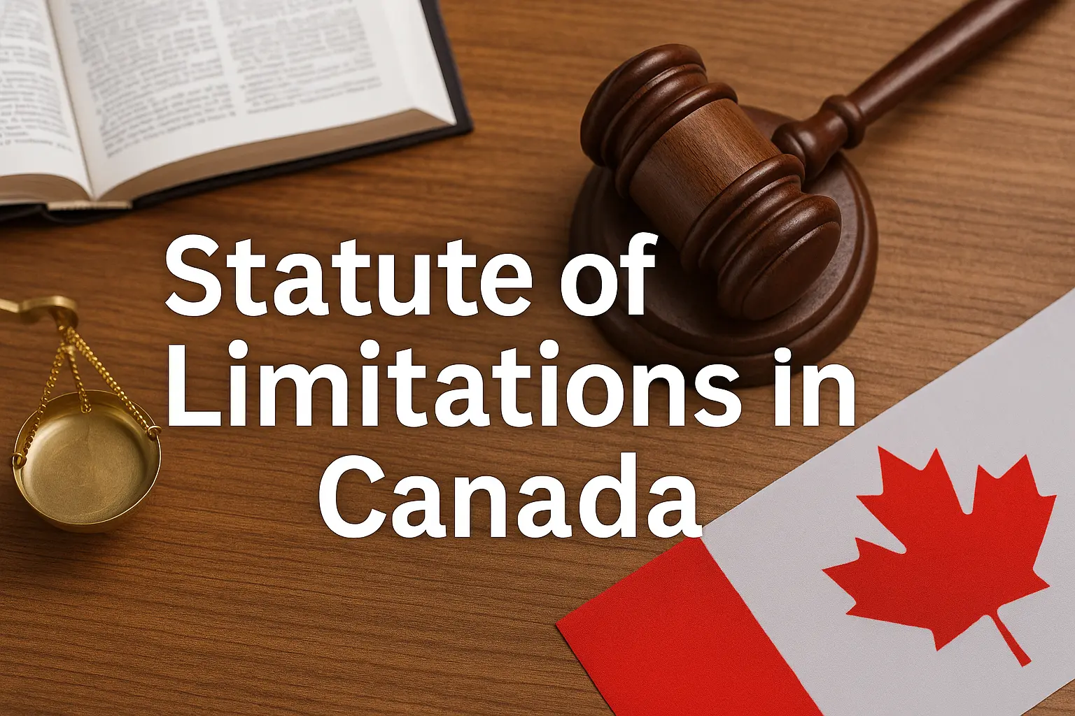 A gavel, scales of justice, an open law book, and a Canadian flag on a wooden desk. Text overlay reads: “Statute of Limitations in Canada.”
