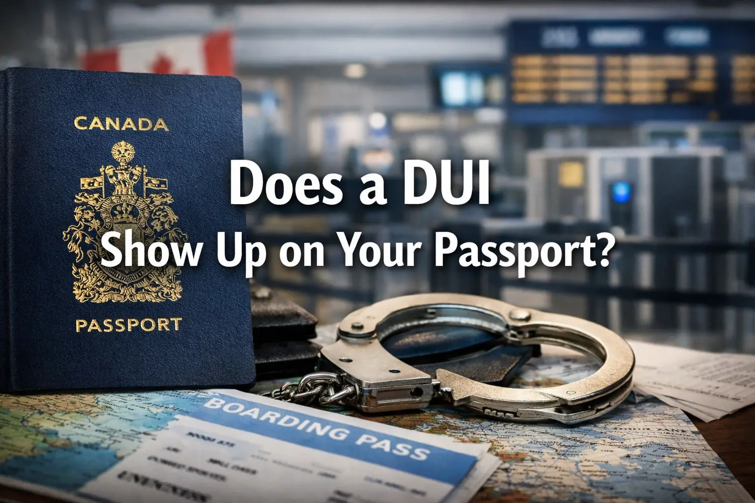 Canadian passport beside handcuffs and travel documents at an airport with text overlay reading “Does a DUI Show Up on Your Passport?”