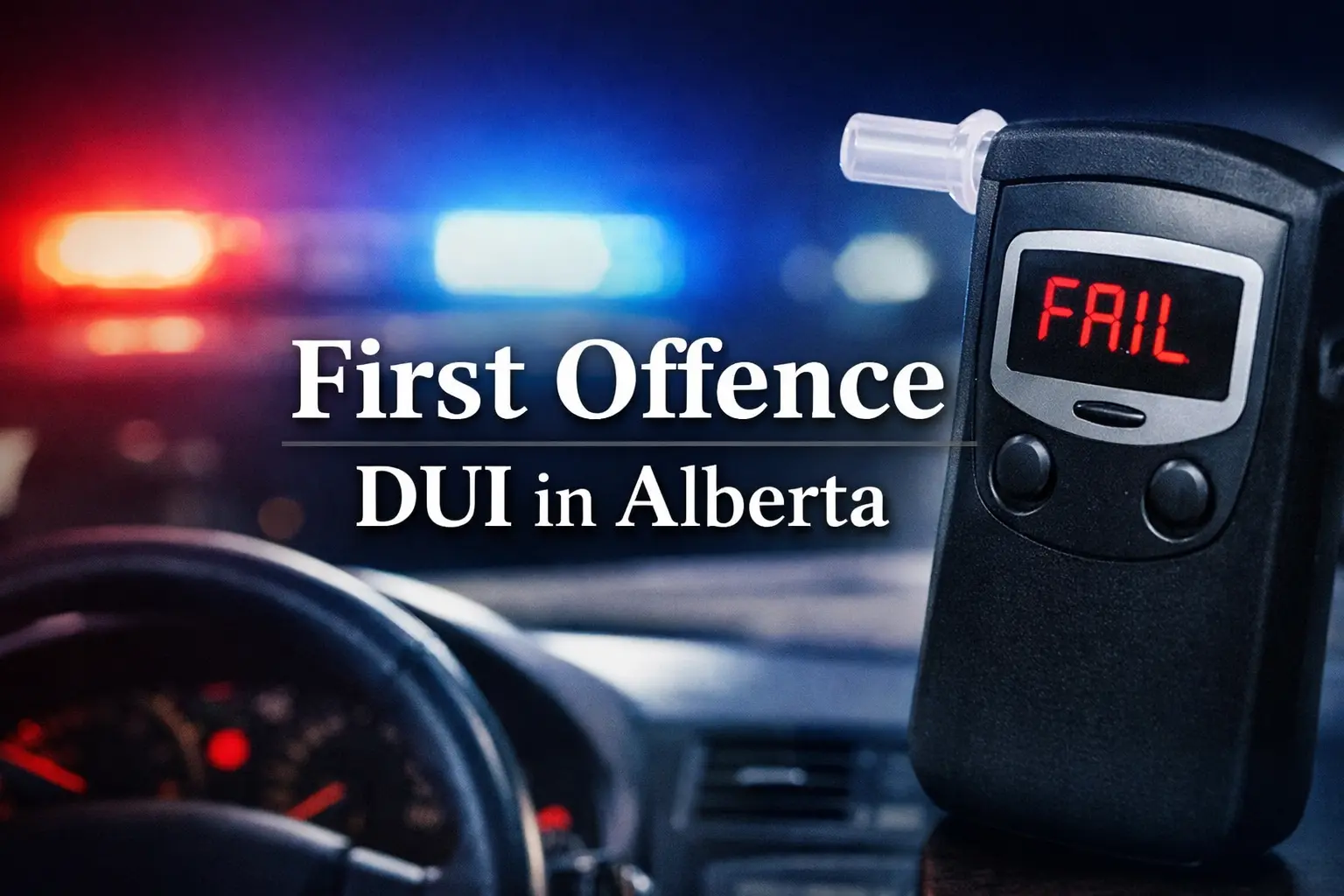 Breathalyzer showing a FAIL result with police lights in the background and text reading “First Offence DUI in Alberta.”