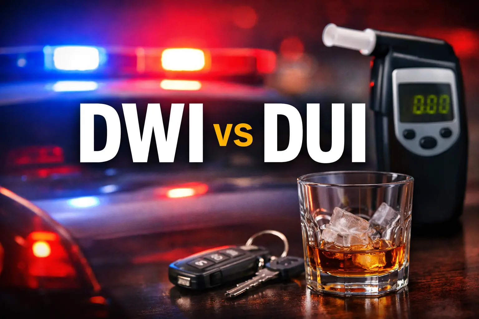Horizontal image with blurred police lights in the background and bold text reading “DWI vs DUI” in the center, alongside a breathalyzer device, car keys, and a glass of alcohol.