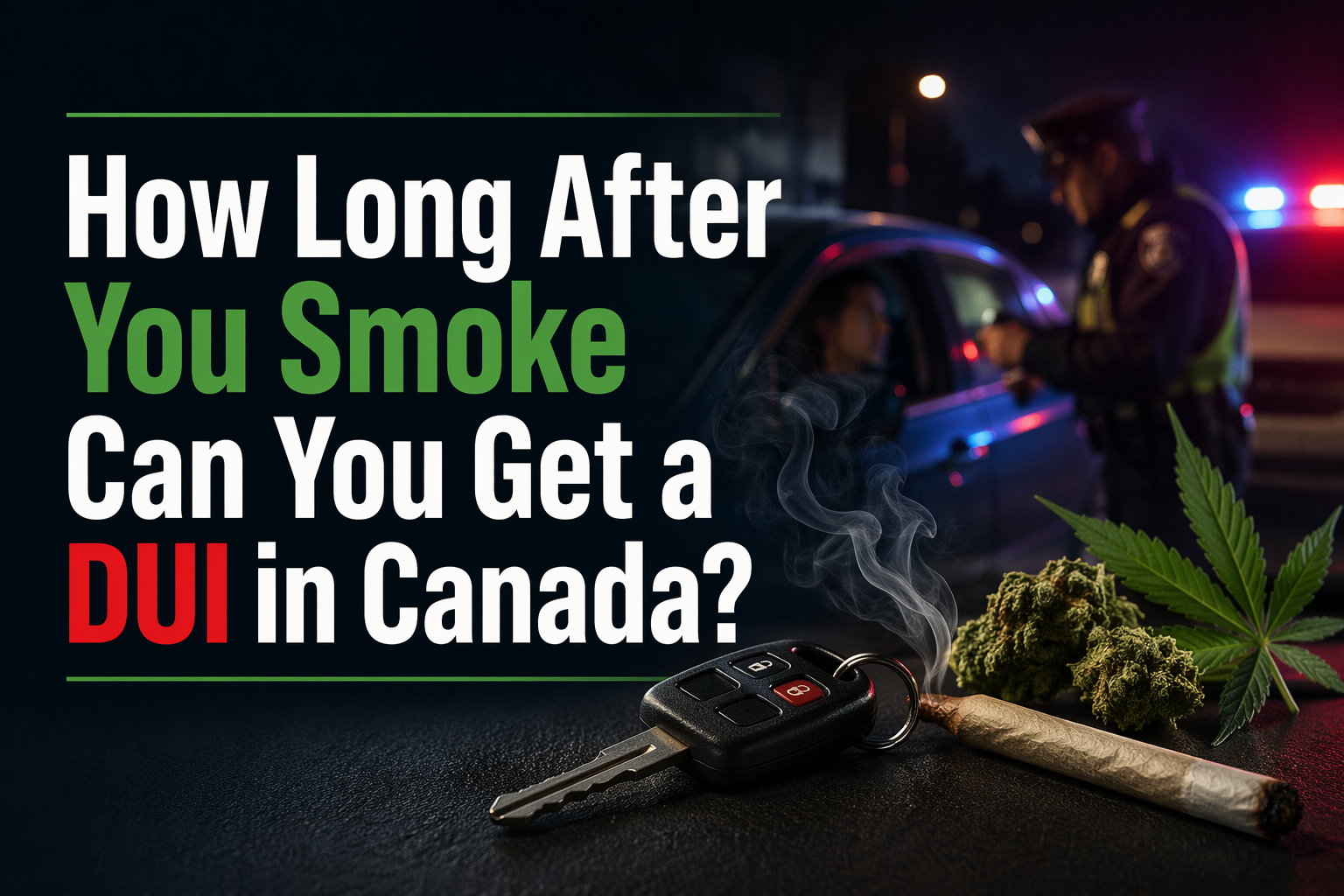 Horizontal featured image showing a Canadian roadway at dusk with a driver inside a car and subtle cannabis leaf imagery in the background, with overlaid text reading “How Long After You Smoke Can You Get a DUI in Canada?”