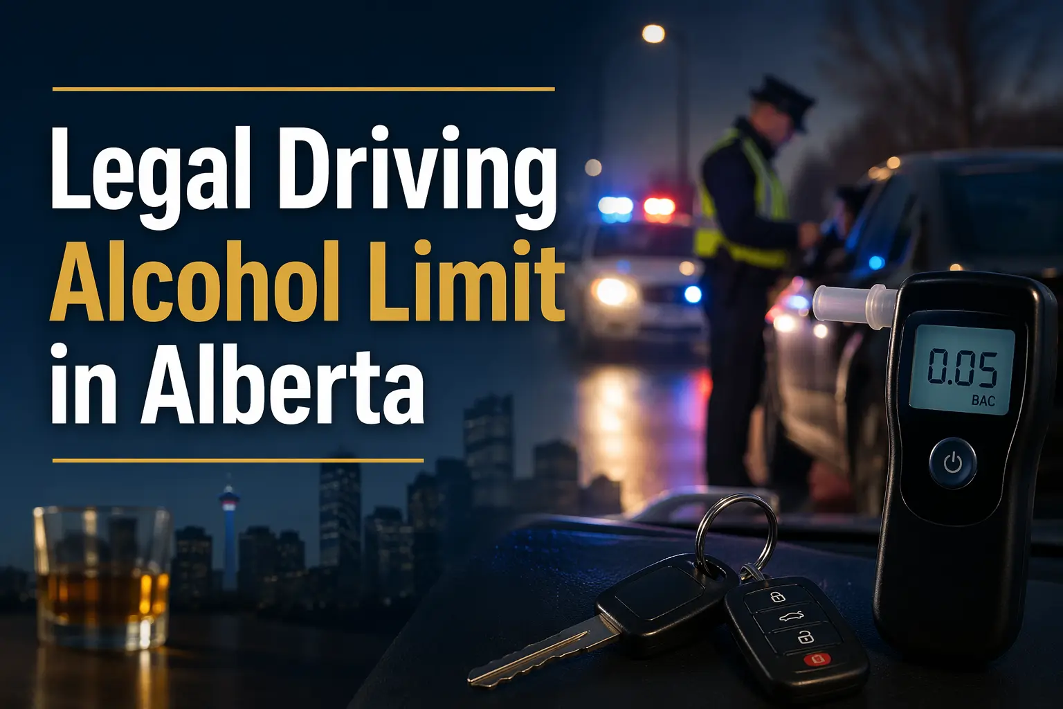 Horizontal featured image showing car keys and a glass of alcohol with blurred city lights in the background, with overlaid text reading “Legal Driving Alcohol Limit in Alberta.”