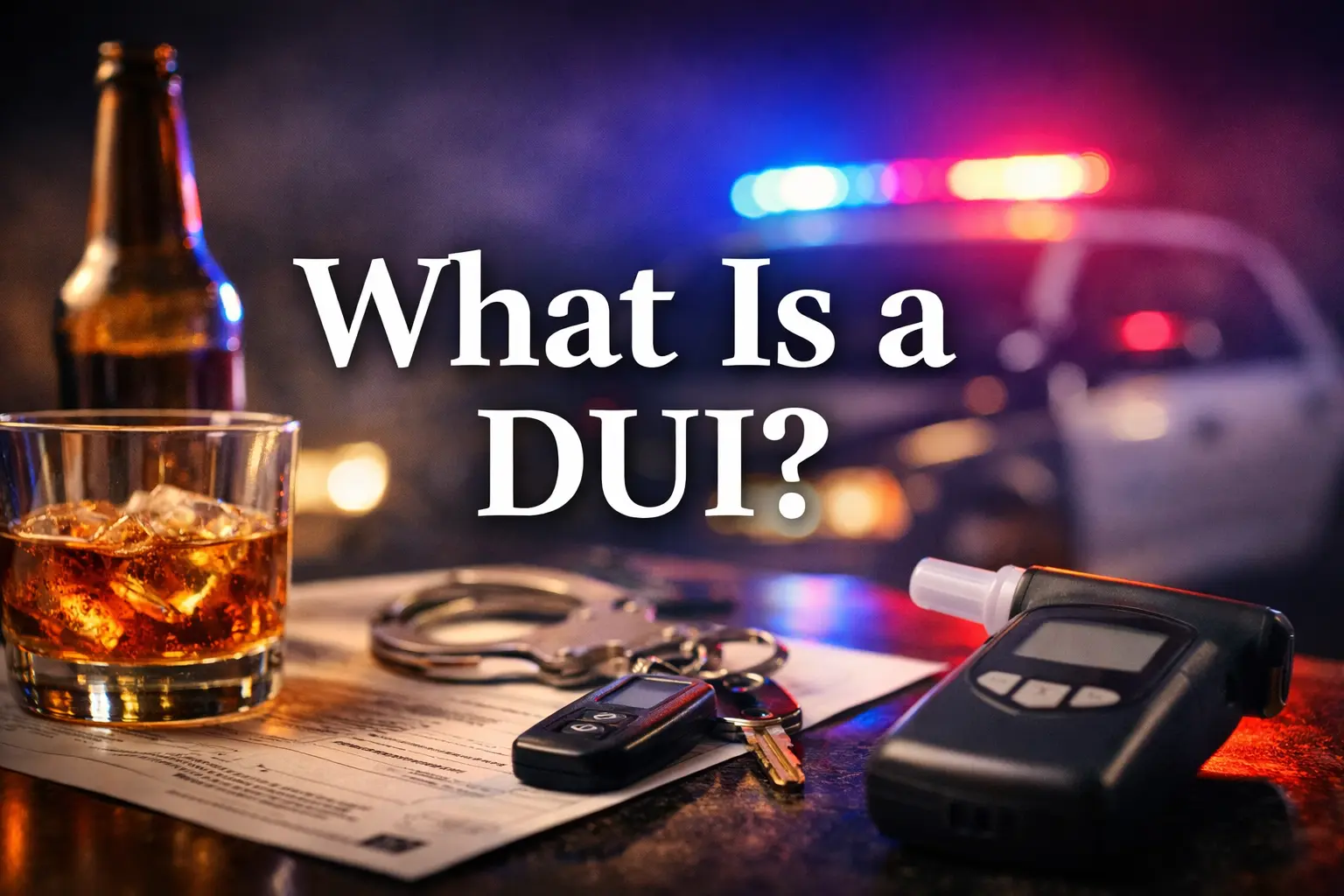 Horizontal featured image showing a driver being stopped by police at night with blurred flashing lights in the background, alcohol, keys, and handcuffs on a table, and text overlay reading “What Is a DUI?”