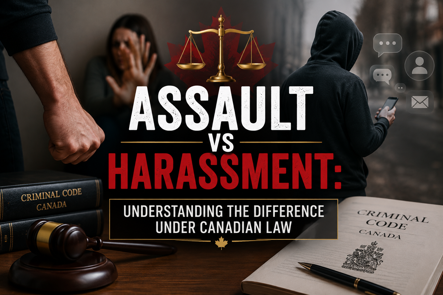 image shows a courtroom setting with a judge's gavel, Criminal Code of Canada books, scales of justice, a physical confrontation on one side, and online harassment imagery on the other. Large overlay text reads: 