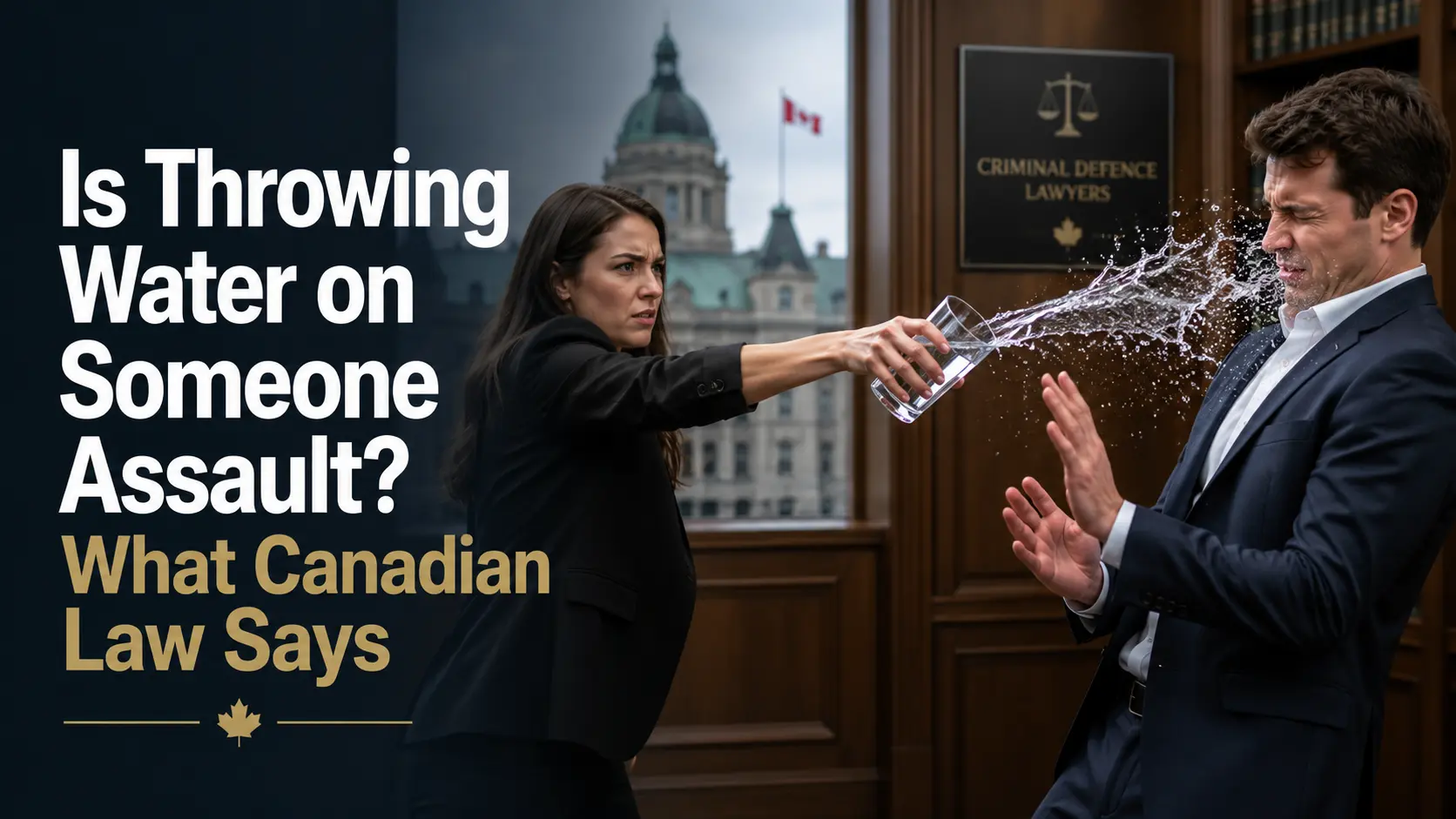 Person throwing water at another person in a legal office setting with Canadian law imagery and text reading, “Is Throwing Water on Someone Assault? What Canadian Law Says.”