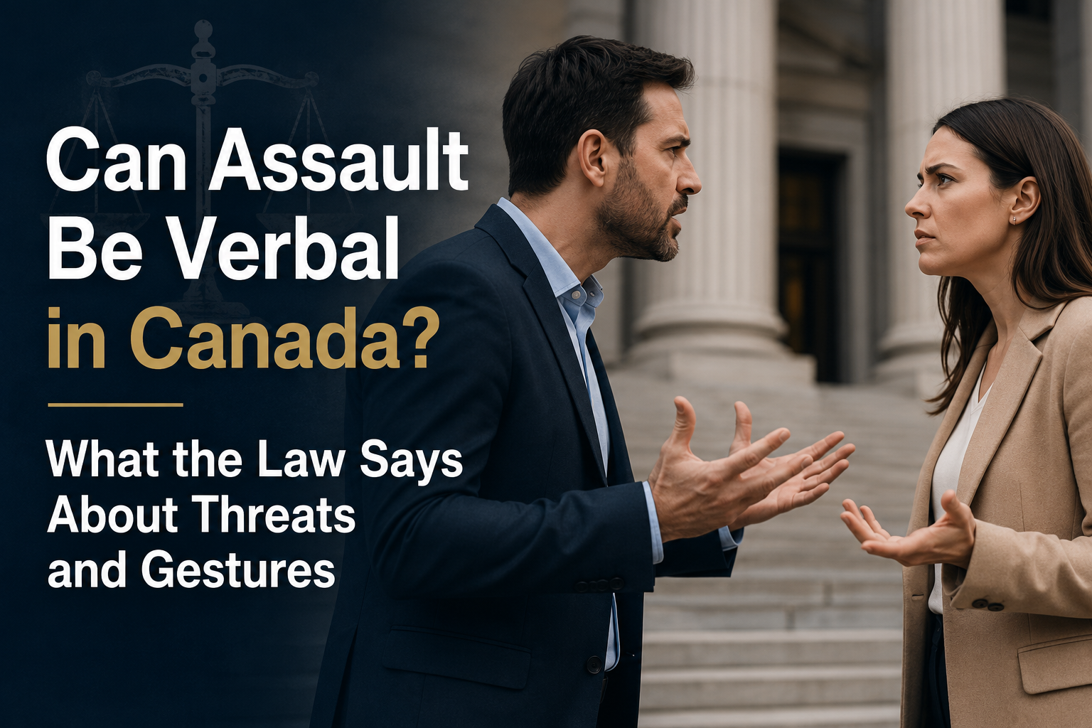 Man and woman arguing with raised hands outside a courthouse, beside a dark blue panel with scales of justice and the article title about verbal assault in Canada.