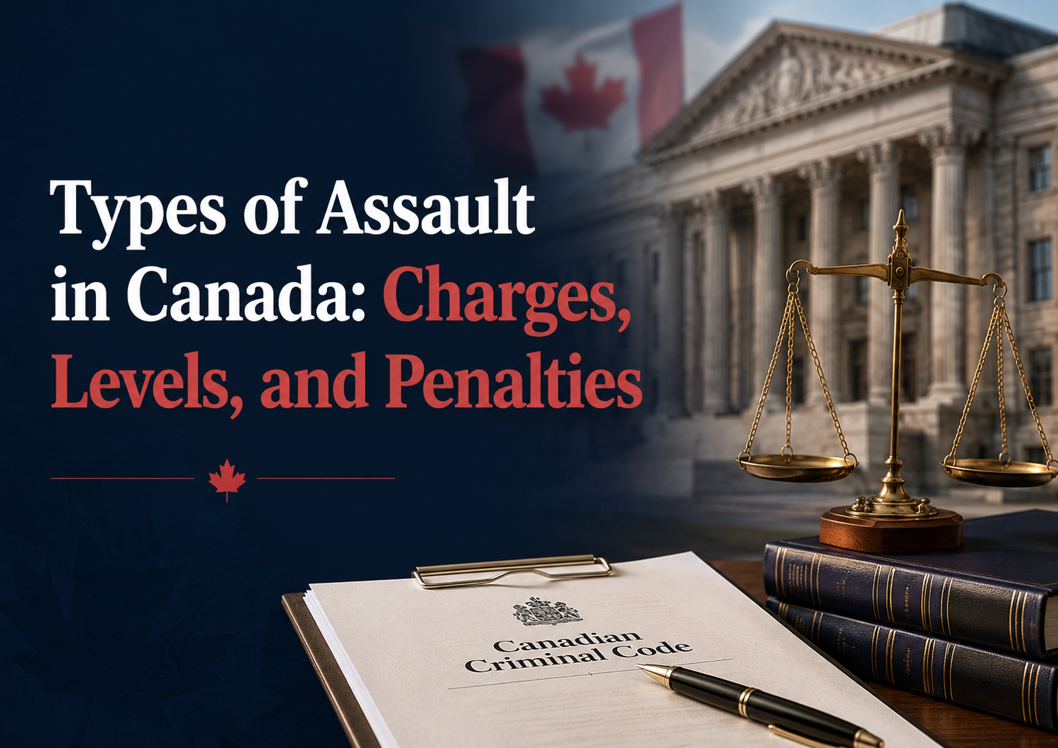 Canadian courthouse, scales of justice, Criminal Code document, and Canadian flag with the text “Types of Assault in Canada: Charges, Levels, and Penalties.”
