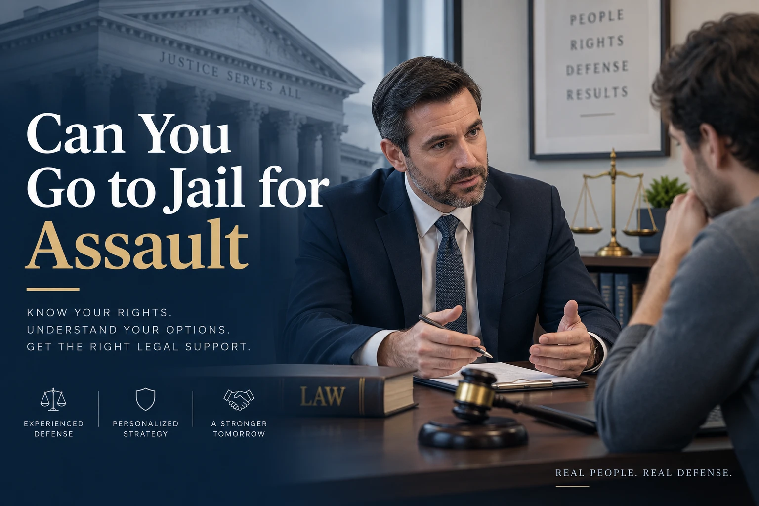 Lawyer discussing an assault charge with a client in an office, with courthouse, legal scales, and gavel imagery beside text reading “Can You Go to Jail for Assault?”