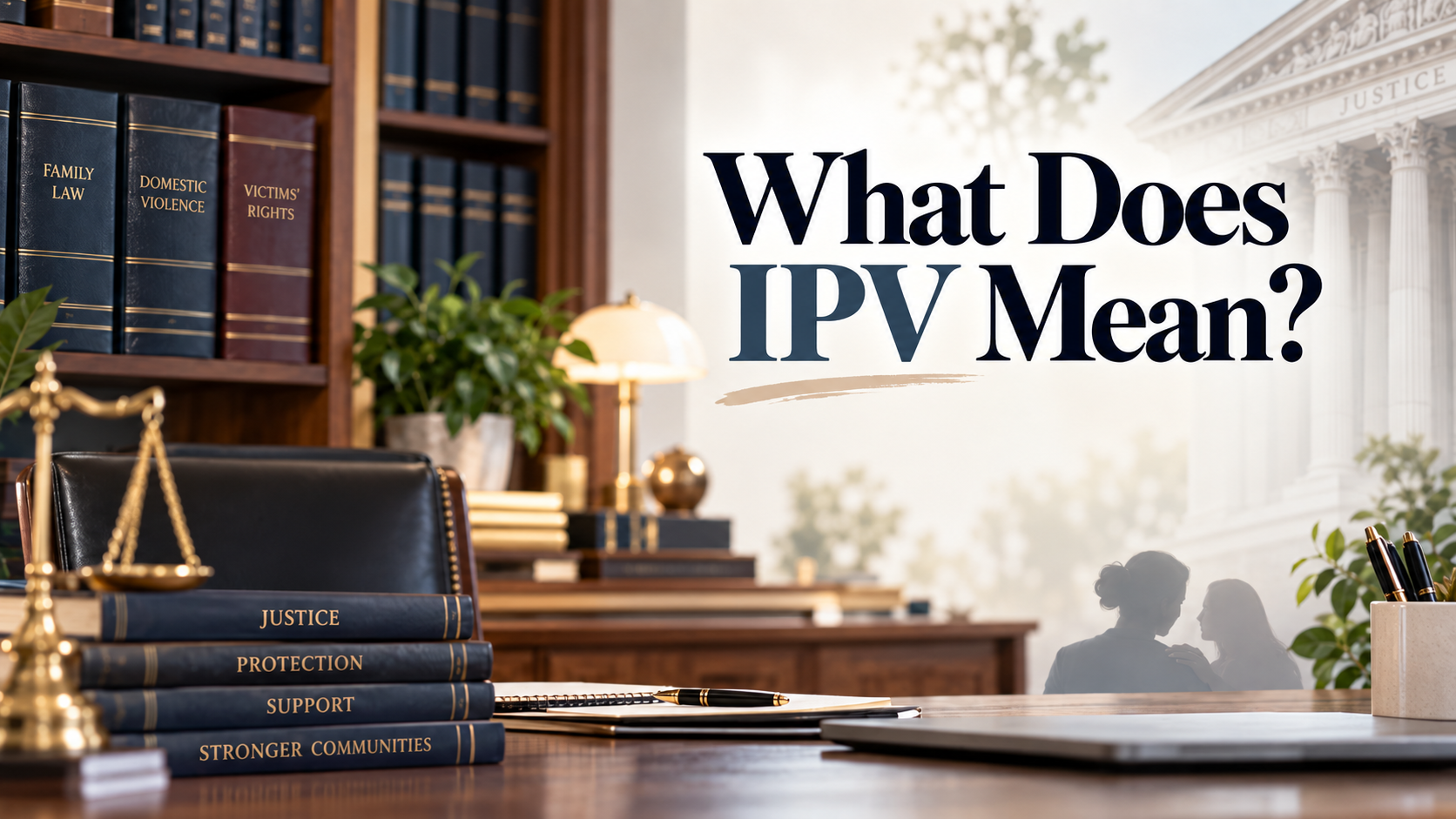 Law office setting with legal books, scales of justice, and courthouse imagery, with overlaid text reading “What Does IPV Mean?”